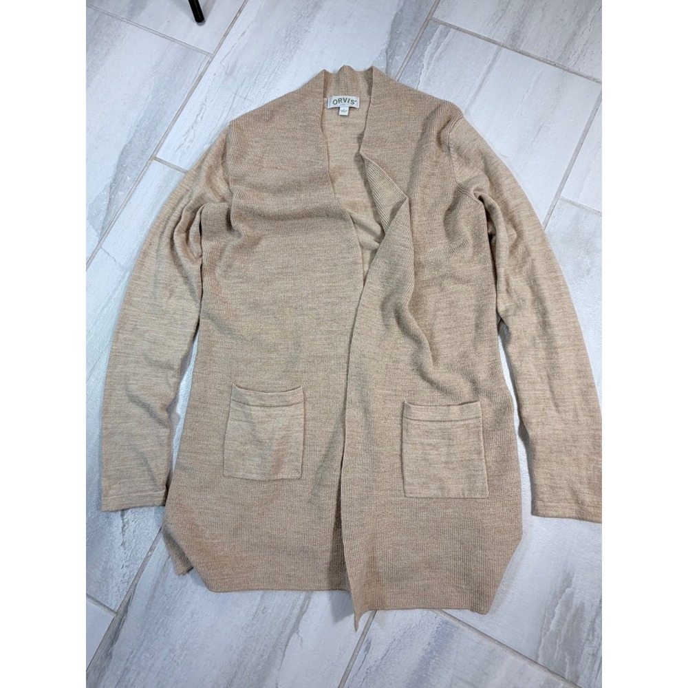 Orvis Womens Small Tan 100% Merino Wool Open Front Cardigan Sweater Pockets